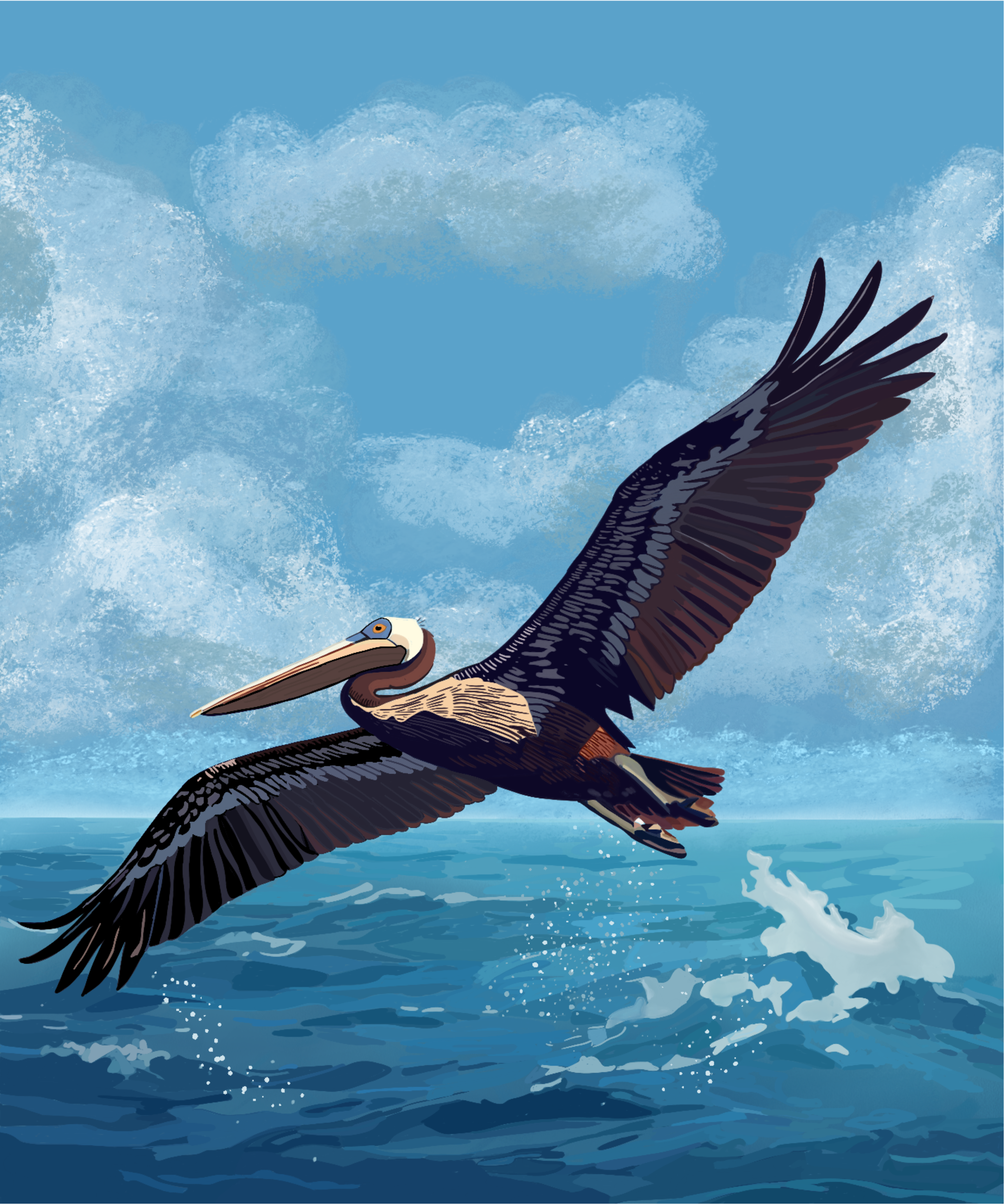 Illustration of a pelican soaring over a vibrant, wavy ocean under a clear blue sky with fluffy white clouds, conveying freedom and serenity.